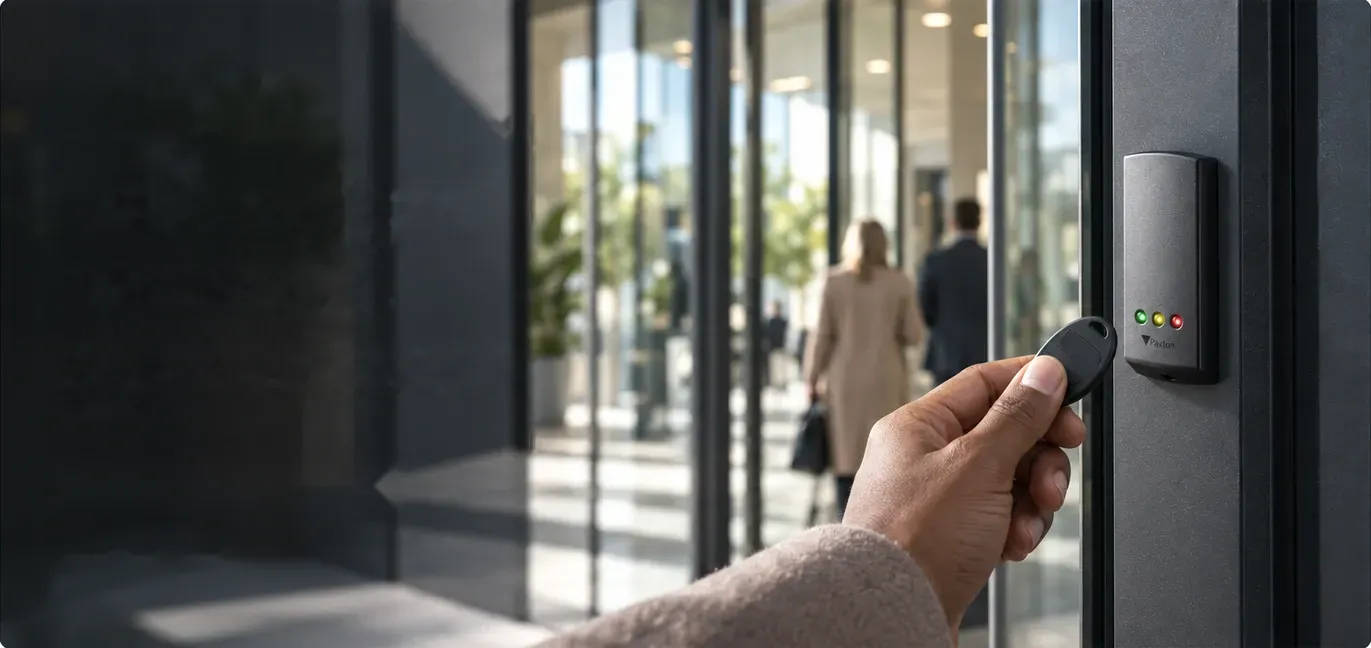 A hand presenting a Paxton fob at a glass office entrance