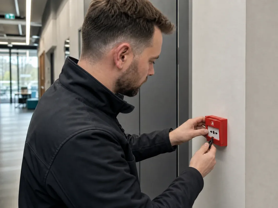 Fire alarm engineer testing a red manual call point in a commercial building