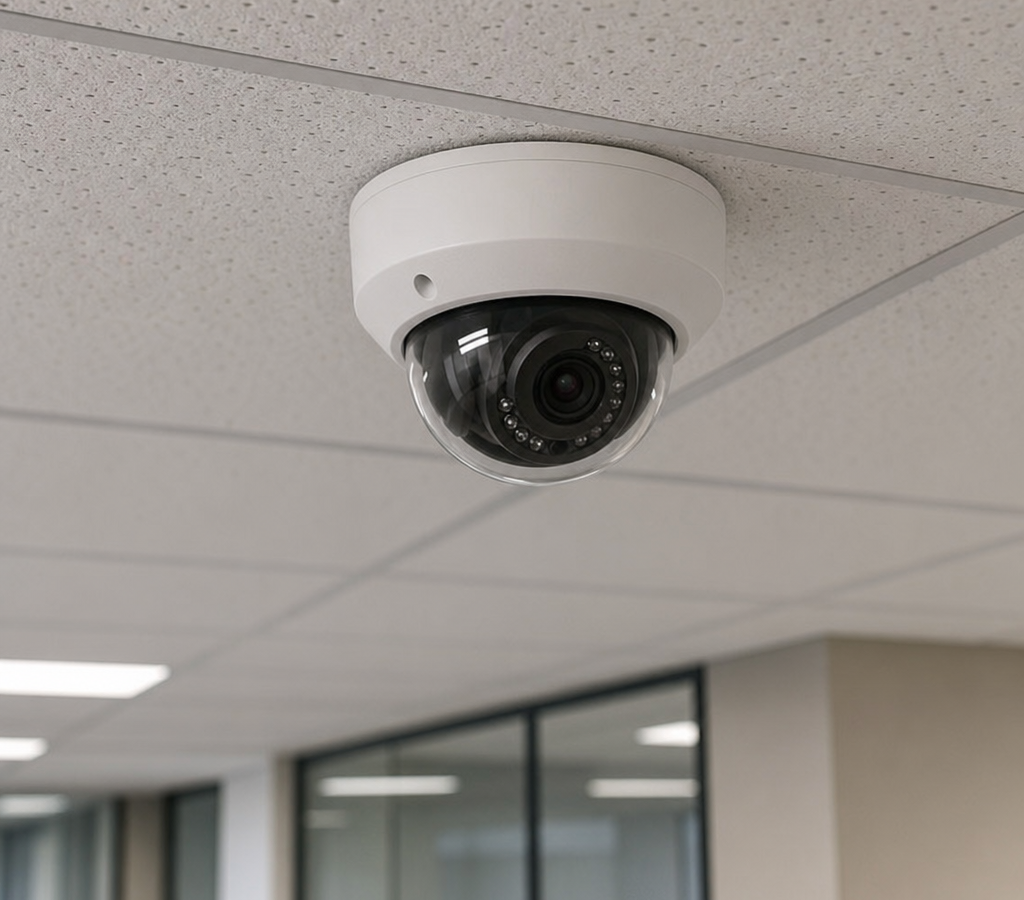A modern dome CCTV camera mounted on an office ceiling